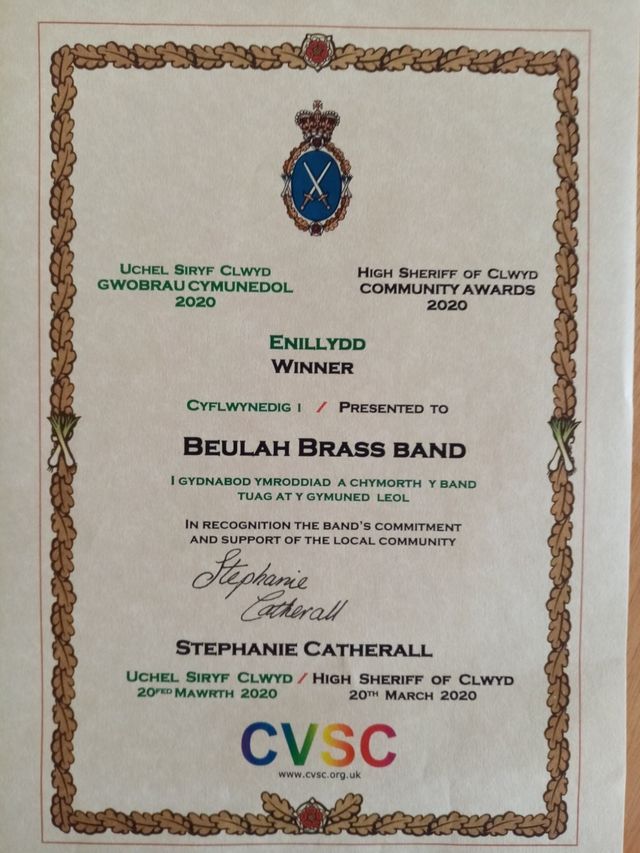 Beulah Brass certificate