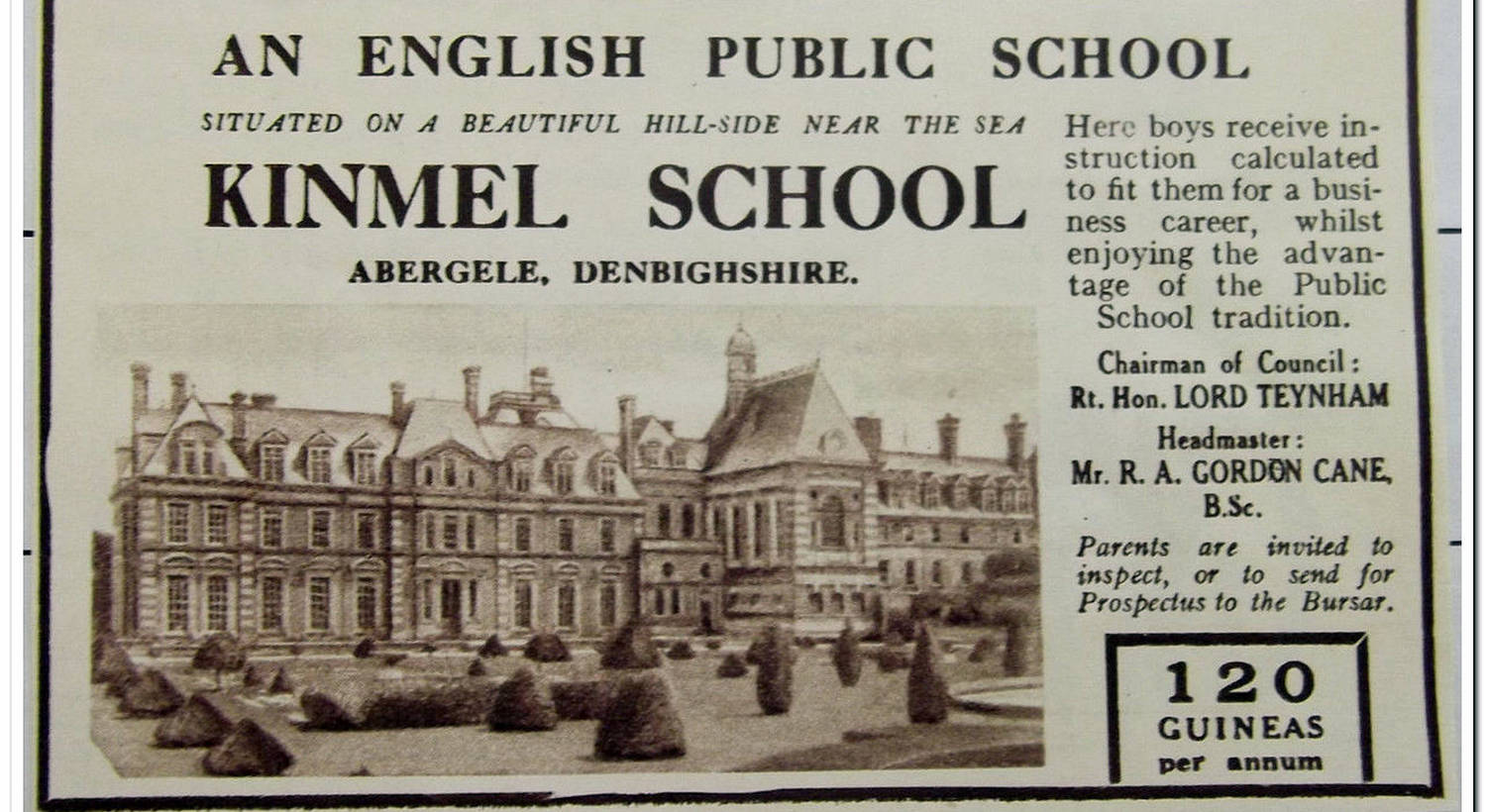 1932 Kinmel School Abergele Denbighshire Headmaster Mr R A Gordon Cane Advert